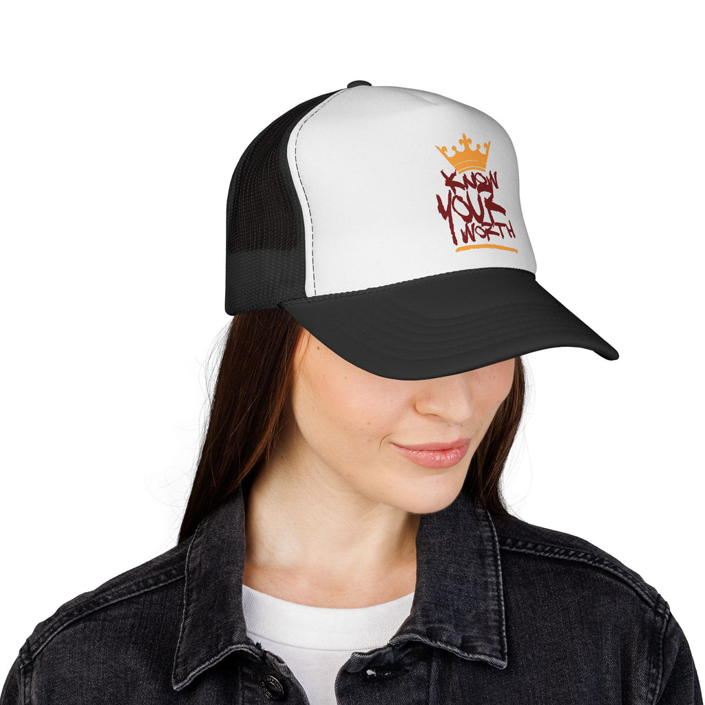 Trucker Cap - Gold & Burgundy Crown Graffiti "Know Your Worth" Mesh Hat