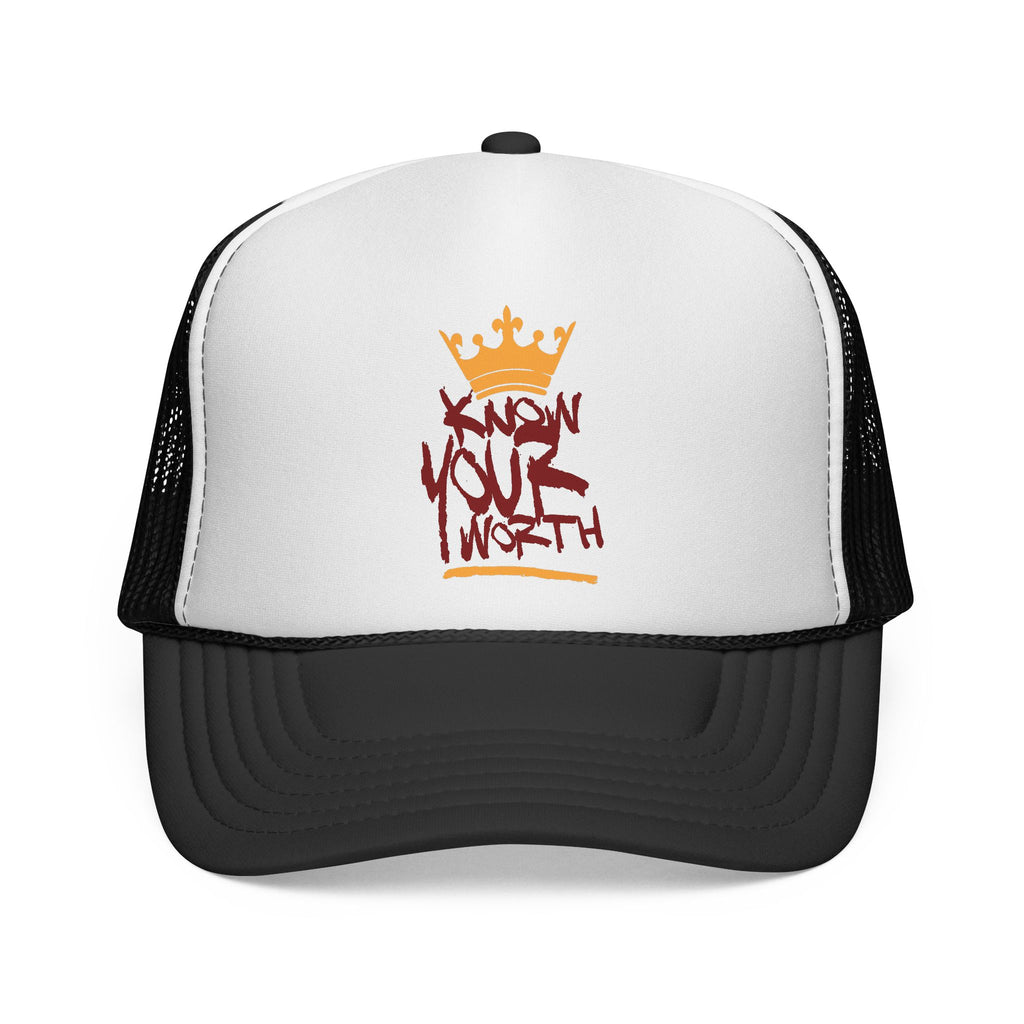 Trucker Cap - Gold & Burgundy Crown Graffiti "Know Your Worth" Mesh Hat