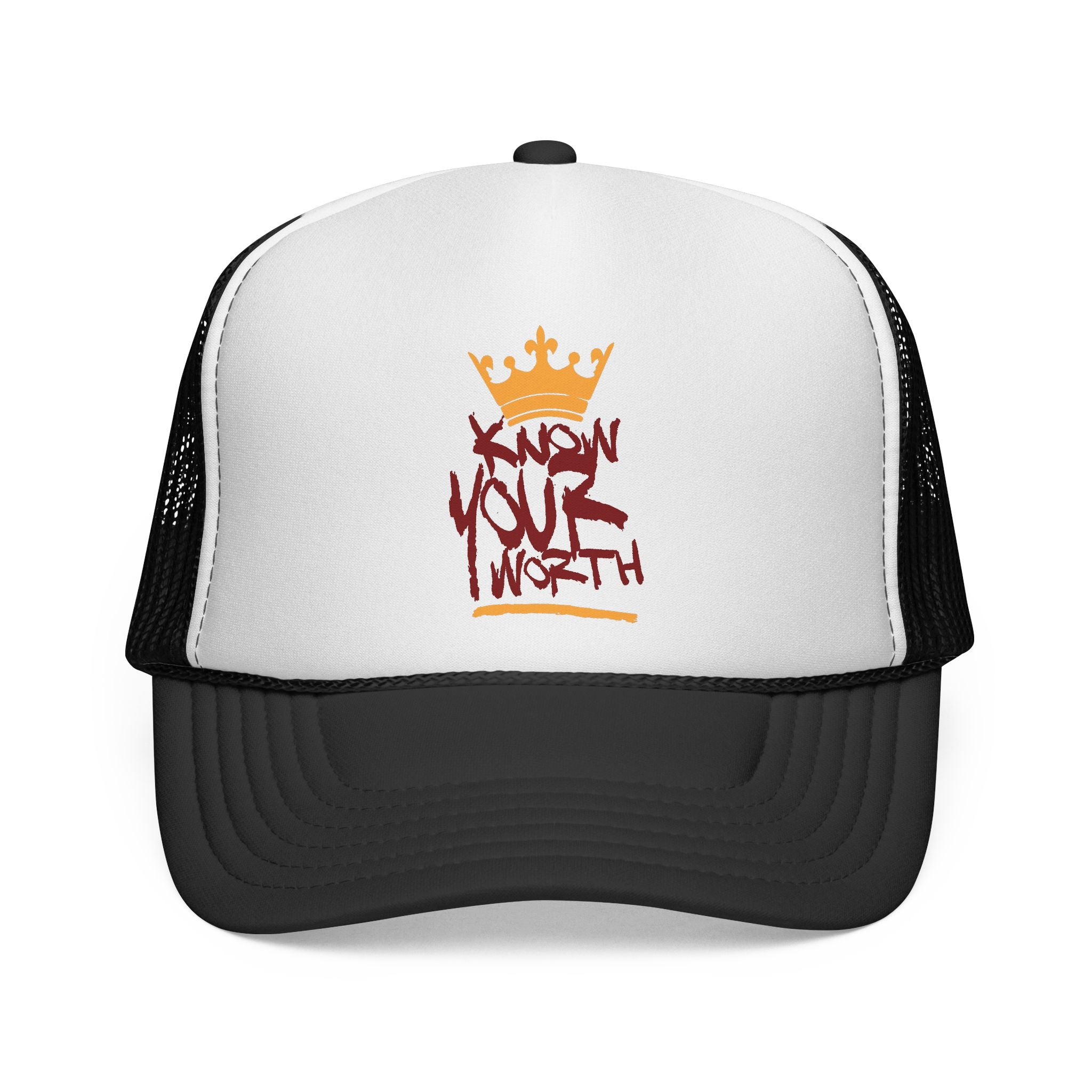 Trucker Cap - Gold & Burgundy Crown Graffiti "Know Your Worth" Mesh Hat