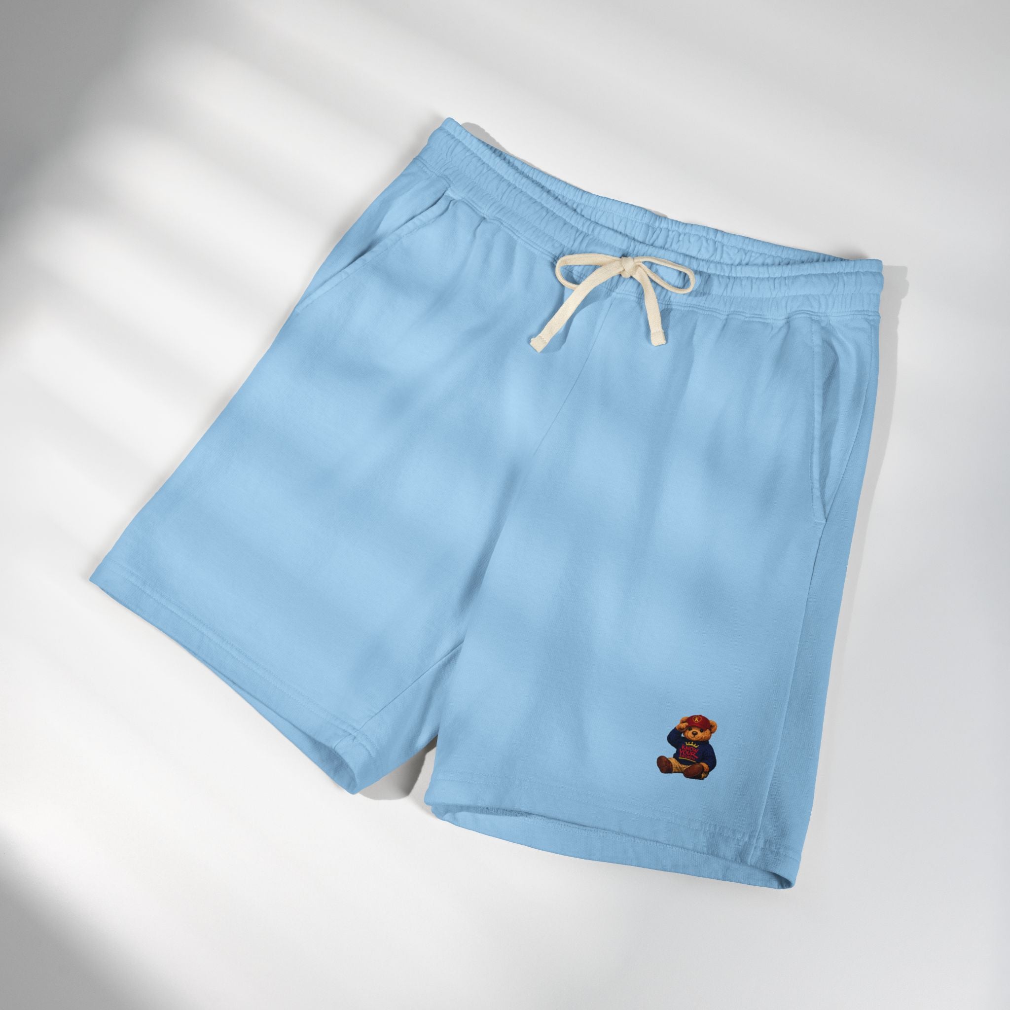 Embroidered - Know Your Worth Est. 61920 - Teddy Bear Fleece Sweat Shorts — Lightweight Garment-Dyed Lounge Shorts