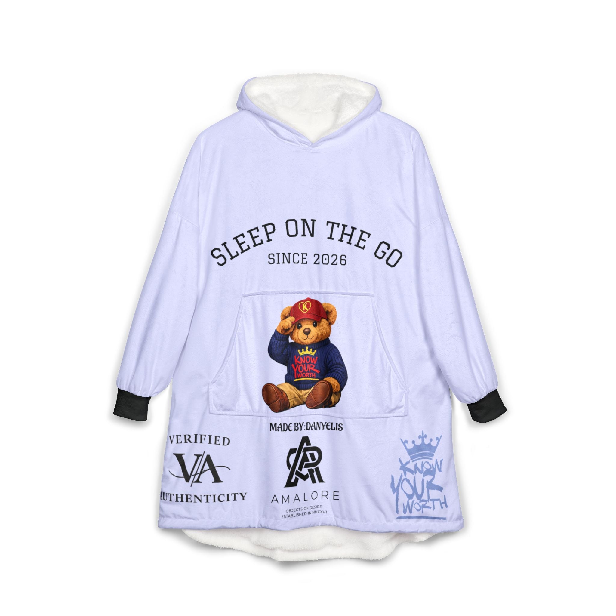 Know Your Worth Hooded Blanket — 'Sleep On The Go / Sleep In Class' Cozy Wearable Blanket with Teddy & Cat Designs