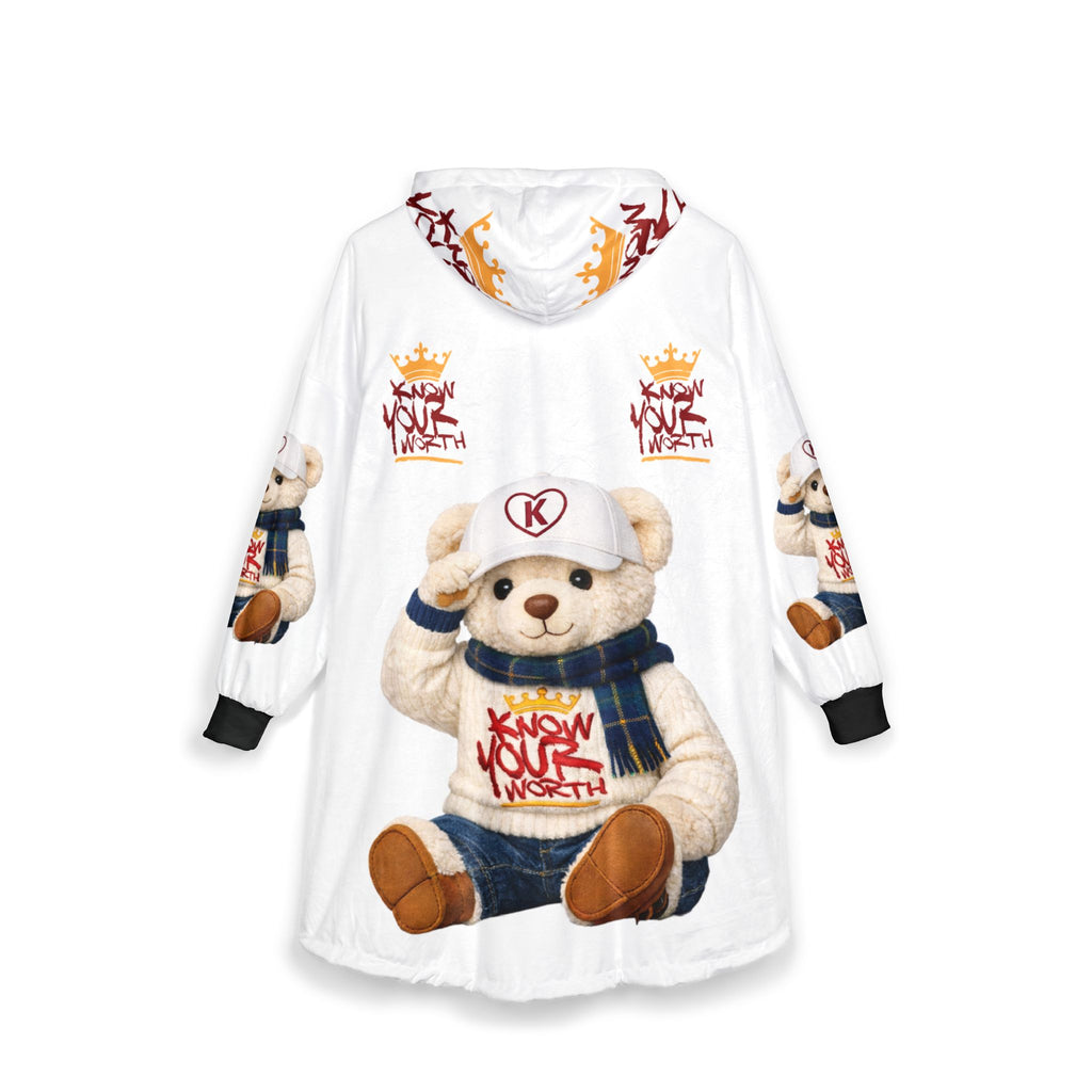 Hooded Blanket — Cozy Teddy Bear ‘Know Your Worth’ Sherpa Hoodie Blanket