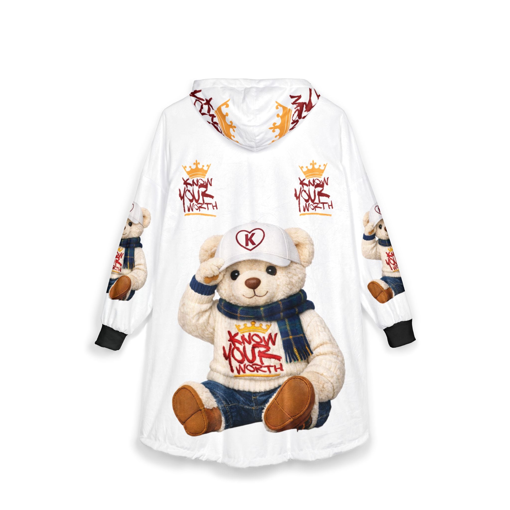 Hooded Blanket — Cozy Teddy Bear ‘Know Your Worth’ Sherpa Hoodie Blanket