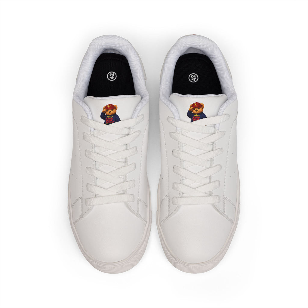 Know Your Worth Low-Top Teddy Bear Leather Sneakers — Minimal White Casual Shoes