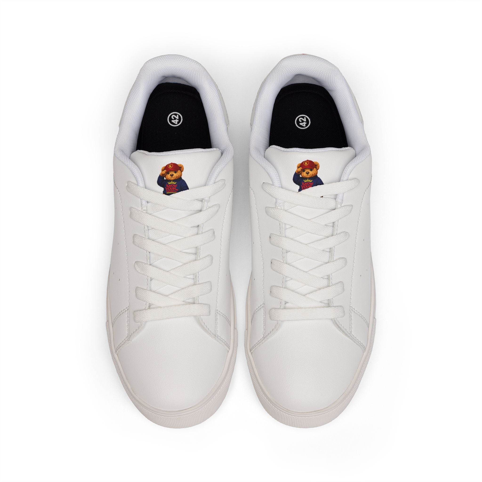 Know Your Worth Low-Top Teddy Bear Leather Sneakers — Minimal White Casual Shoes