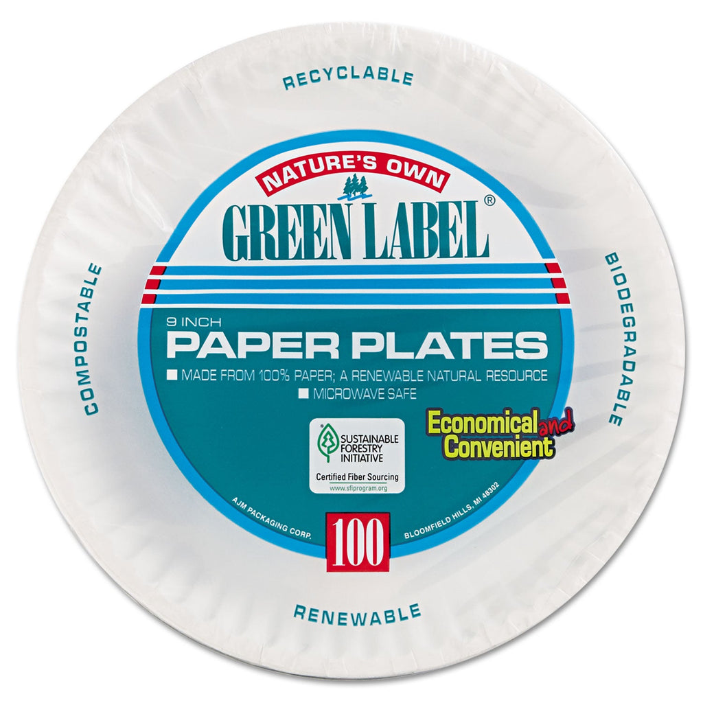 AJM Packaging Corporation Paper Plates, 9" dia, White, 100/Pack, 12 Packs/Carton