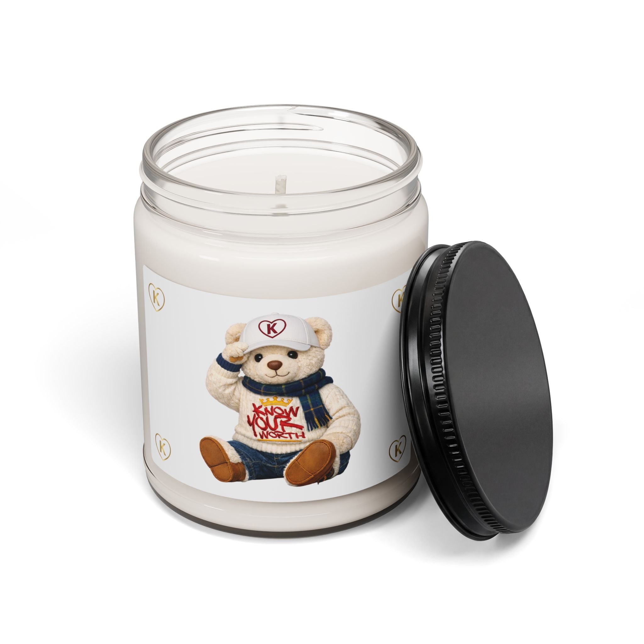 Monogram K Heart Soy Candle by Know Your Worth – 9oz Scented Jar (Teddy Bear)