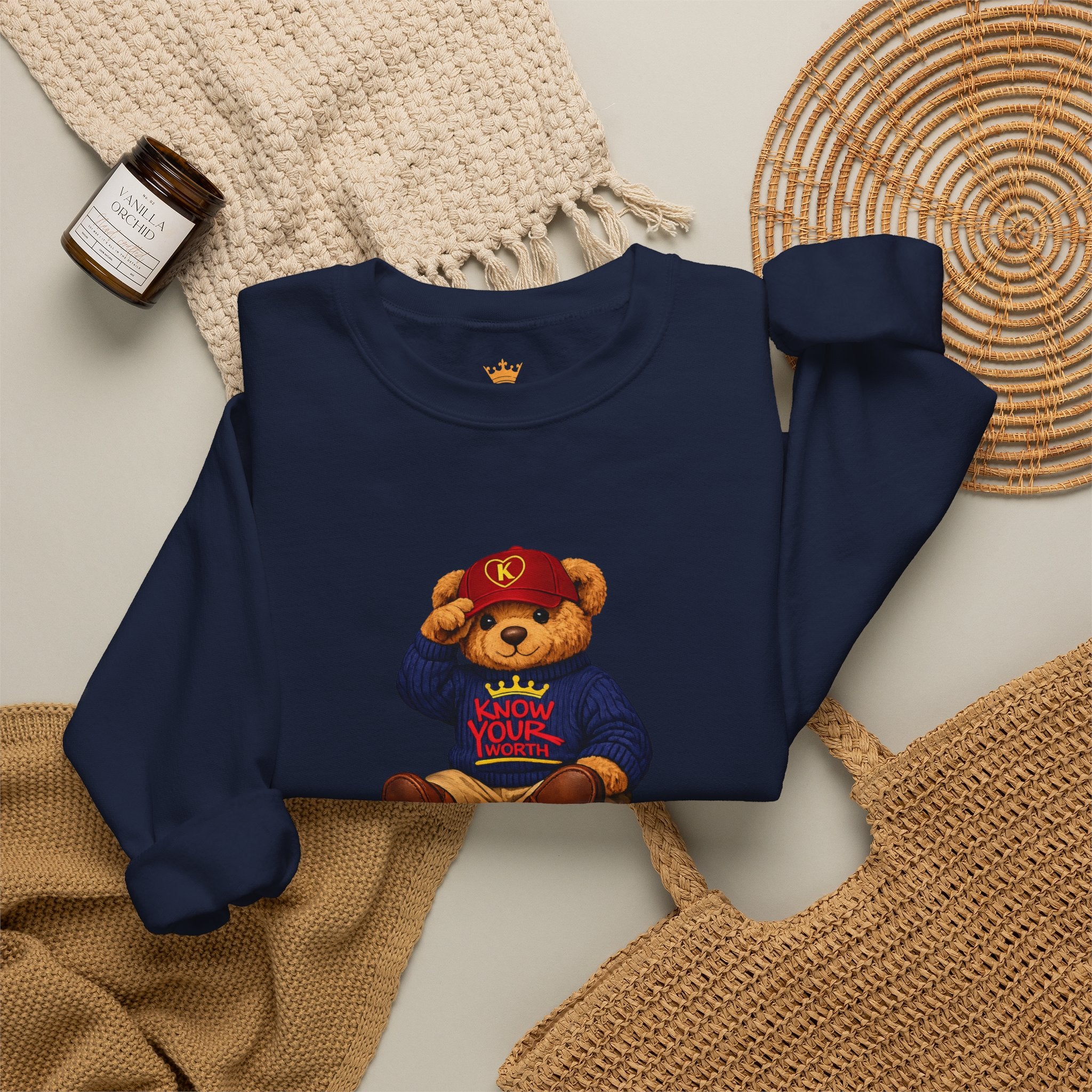 Know Your Worth - Royal KYW Bear Graphic - Crewneck Sweatshirt