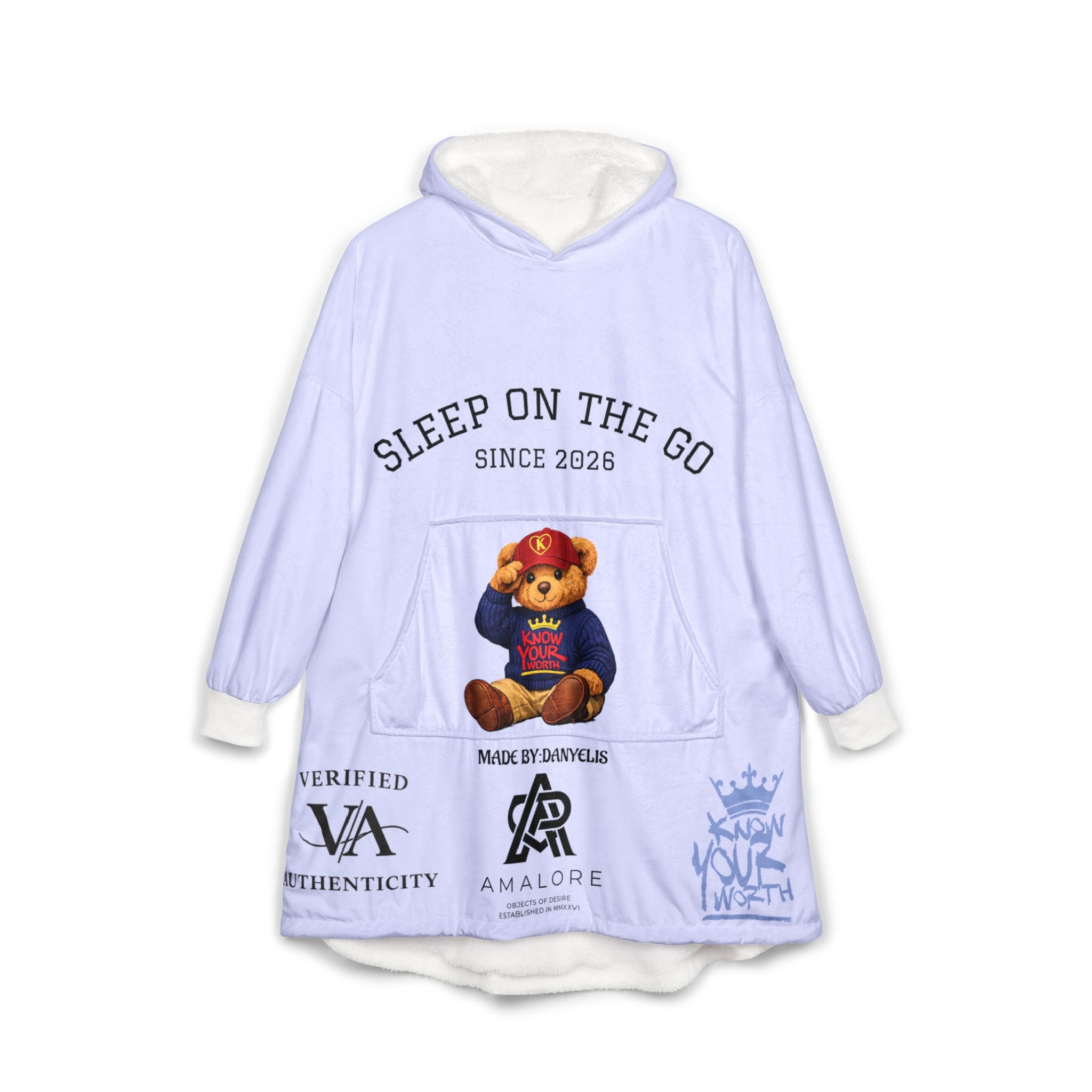 Know Your Worth Hooded Blanket — 'Sleep On The Go / Sleep In Class' Cozy Wearable Blanket with Teddy & Cat Designs