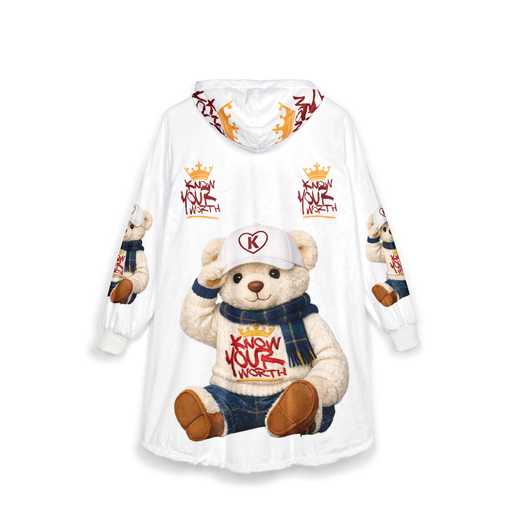 Hooded Blanket — Cozy Teddy Bear ‘Know Your Worth’ Sherpa Hoodie Blanket