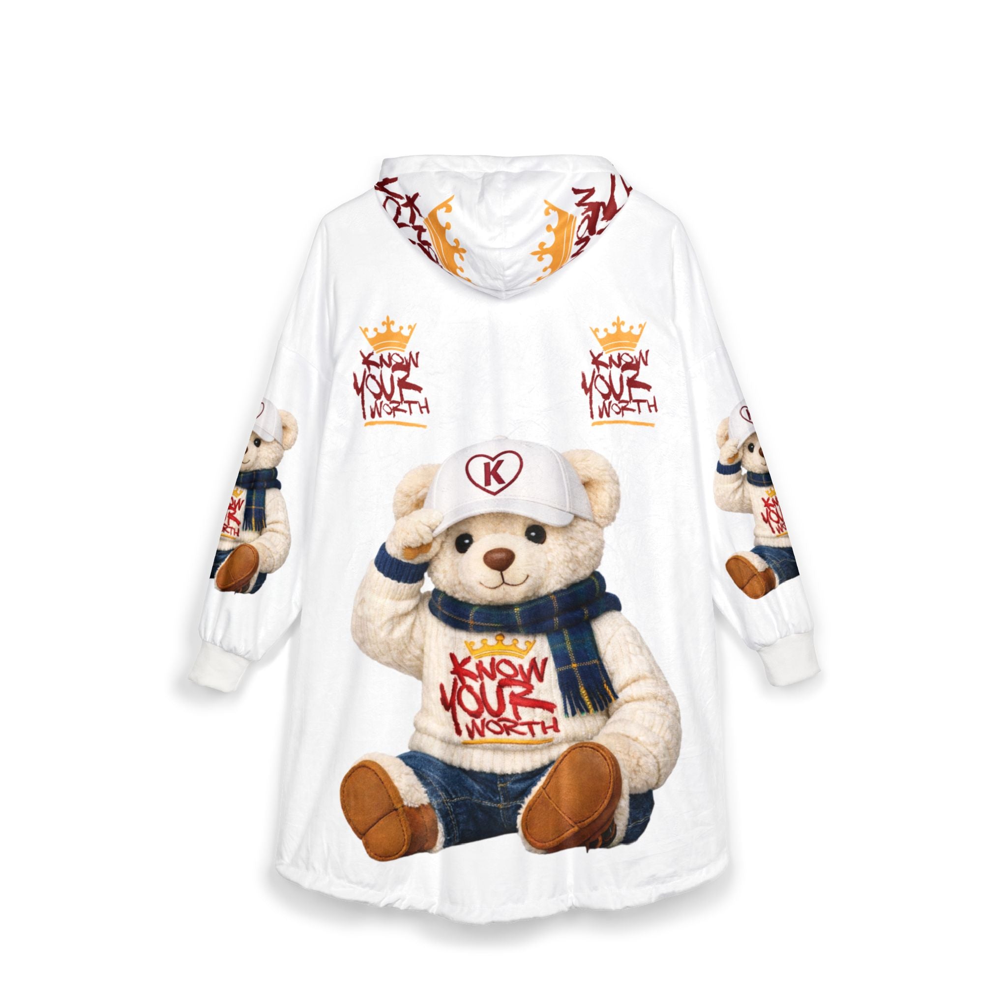 Hooded Blanket — Cozy Teddy Bear ‘Know Your Worth’ Sherpa Hoodie Blanket