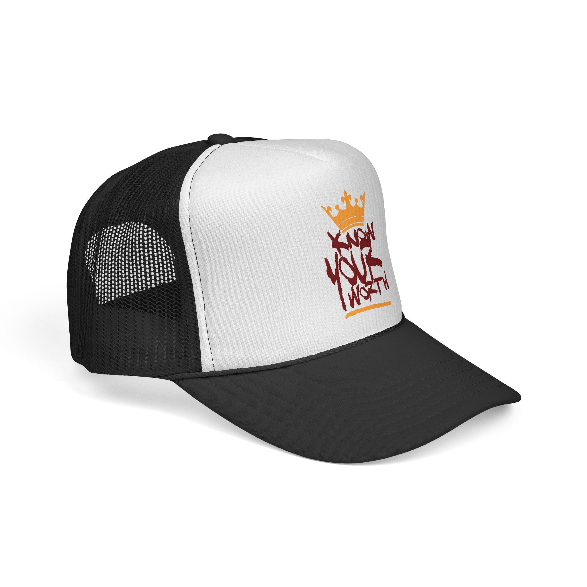 Trucker Cap - Gold & Burgundy Crown Graffiti "Know Your Worth" Mesh Hat