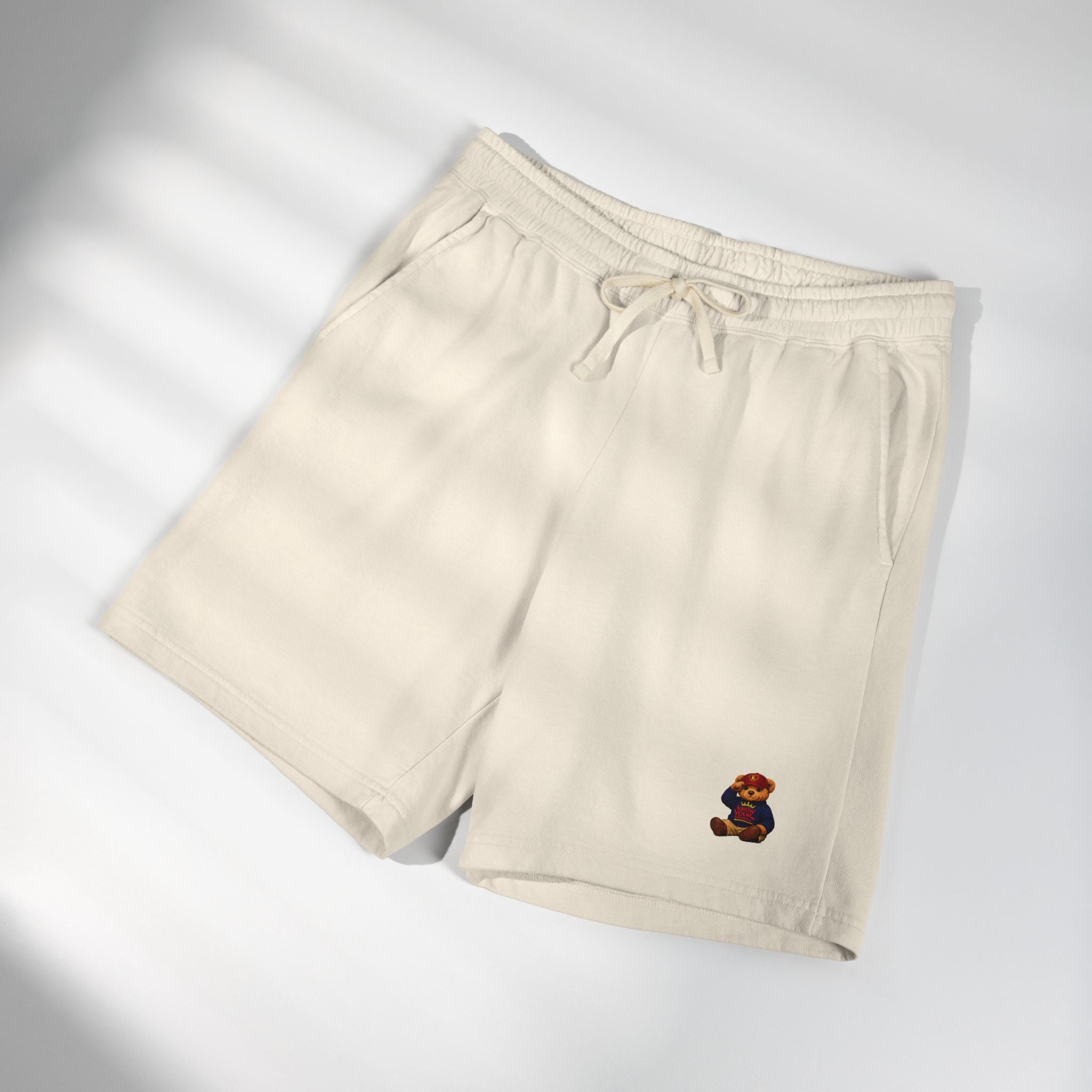 Embroidered - Know Your Worth Est. 61920 - Teddy Bear Fleece Sweat Shorts — Lightweight Garment-Dyed Lounge Shorts