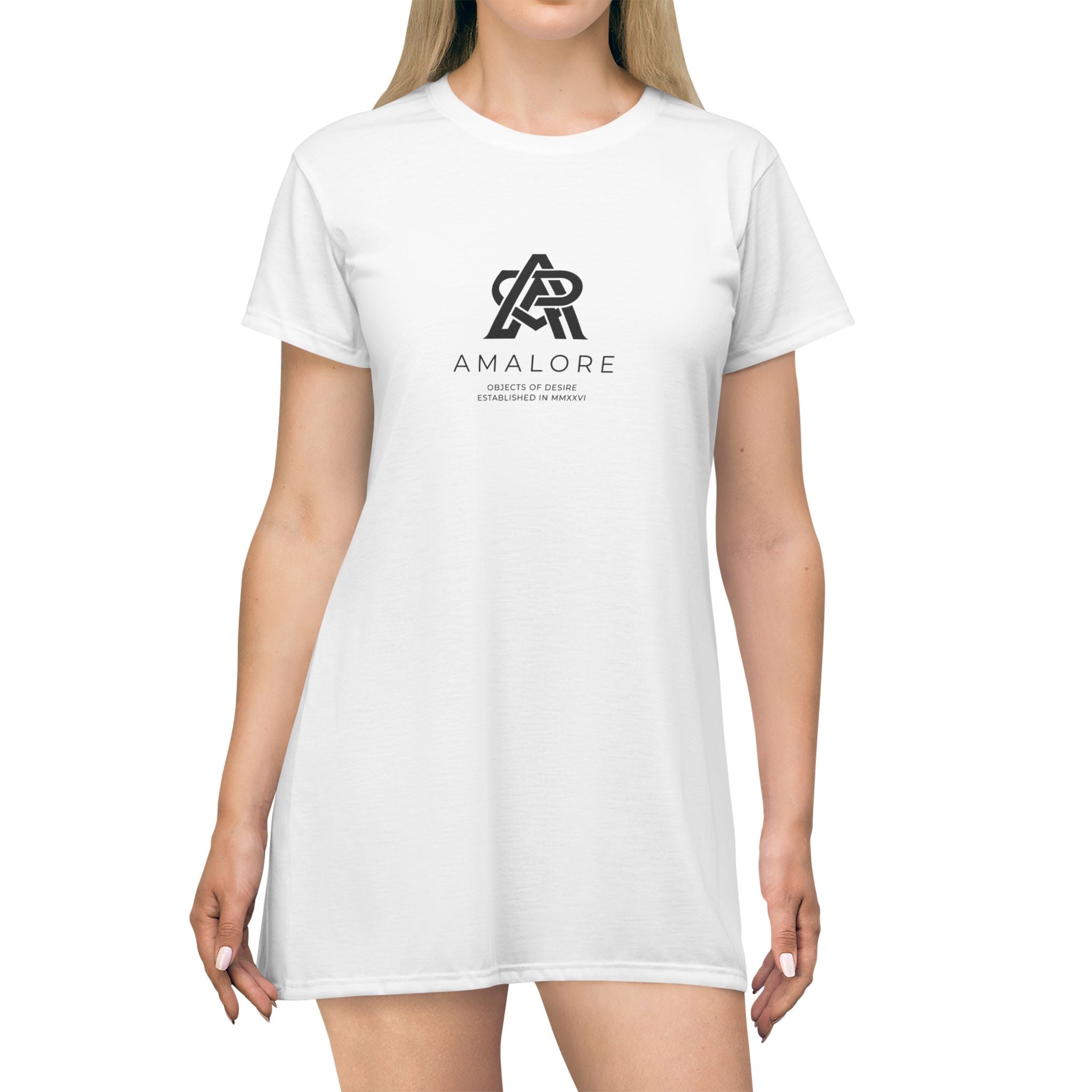 Amalore Logo T‑Shirt Dress — Minimalist Casual AOP Dress