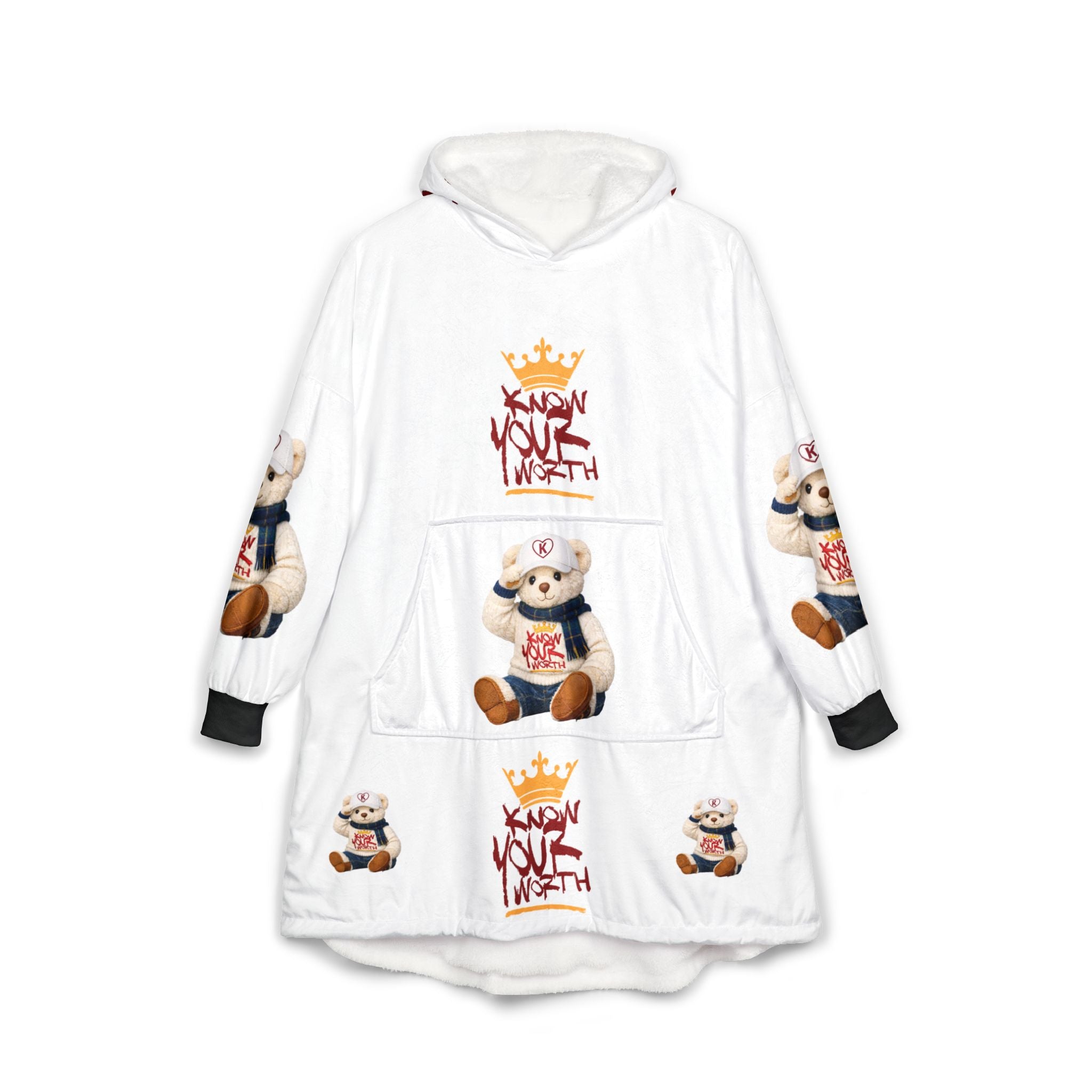 Hooded Blanket — Cozy Teddy Bear ‘Know Your Worth’ Sherpa Hoodie Blanket