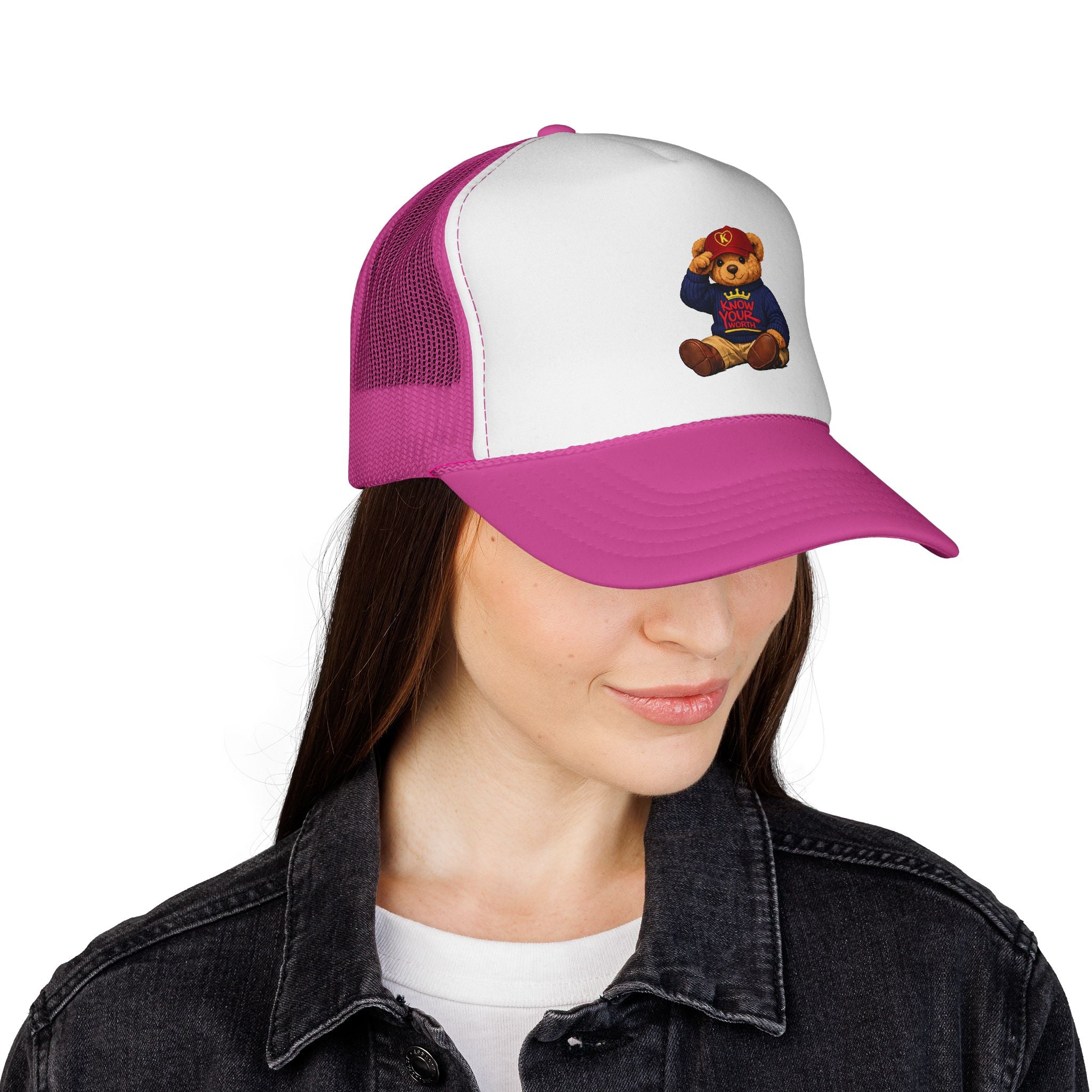 Trucker Cap - Teddy Bear Graffiti "Know Your Worth" Mesh Hat