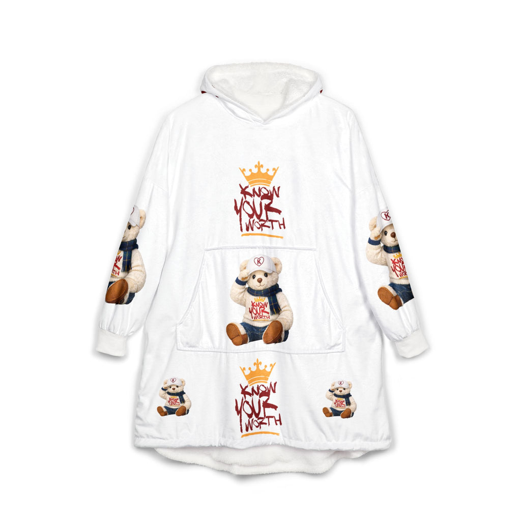 Hooded Blanket — Cozy Teddy Bear ‘Know Your Worth’ Sherpa Hoodie Blanket