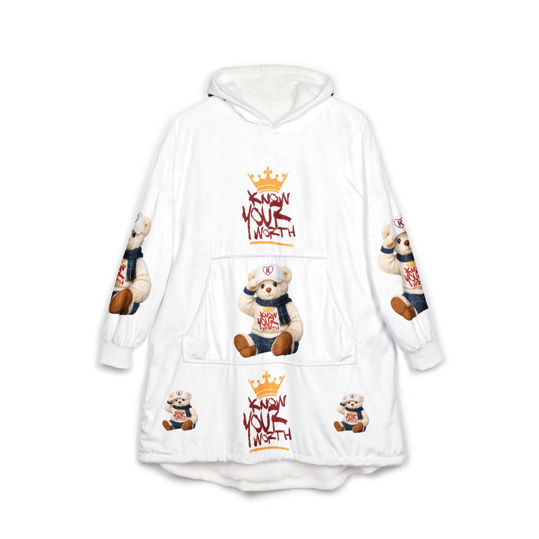Hooded Blanket — Cozy Teddy Bear ‘Know Your Worth’ Sherpa Hoodie Blanket