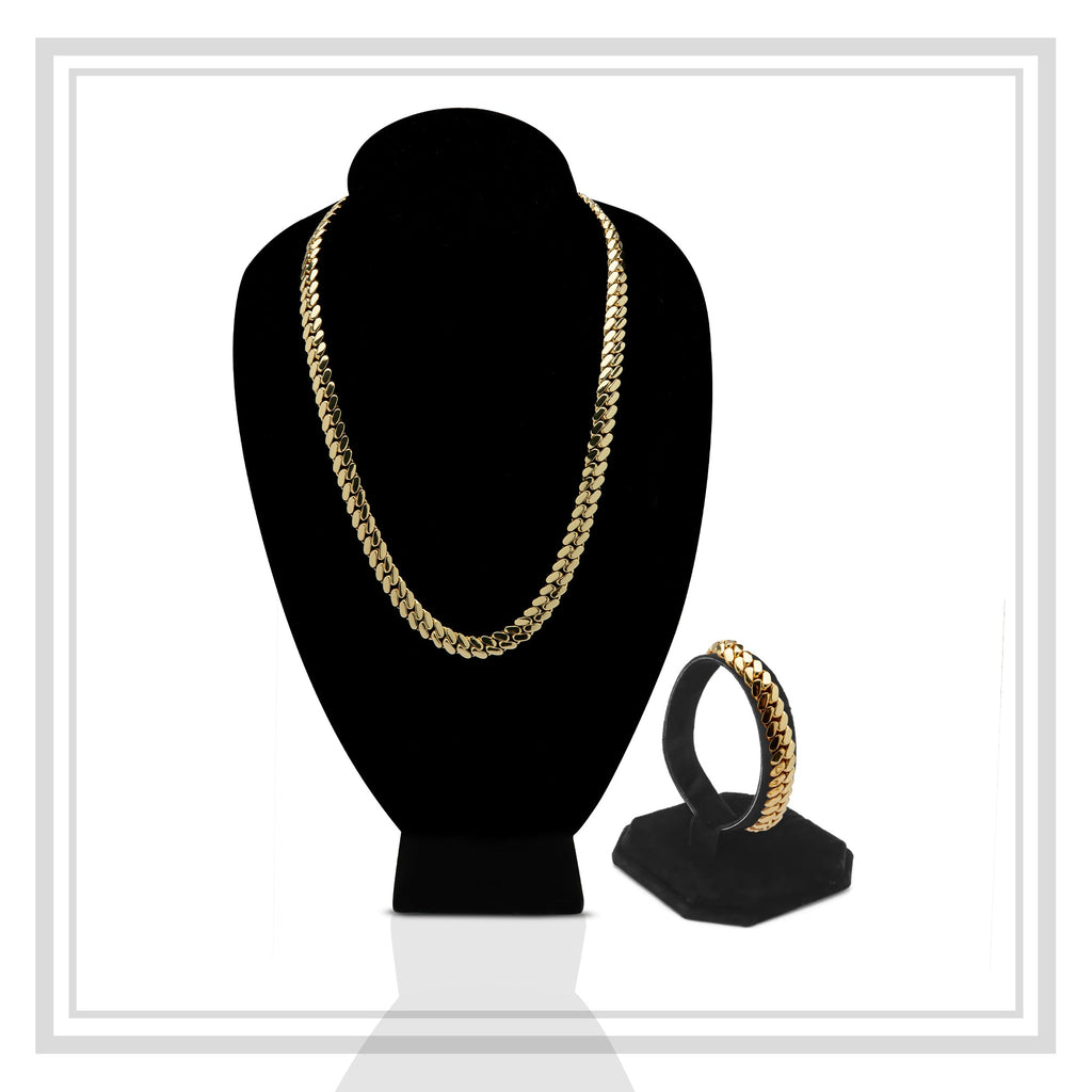 Miami Cuban Link Chain Set Necklace and Bracelet 14K Gold Premium Plated 10-24mm Men Jewelry 24 inch 8.5 inch