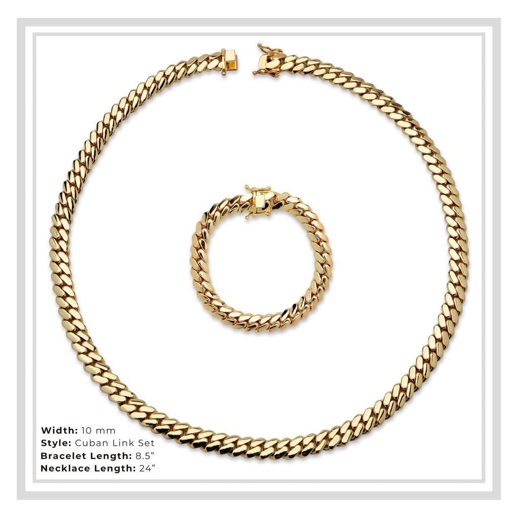 Miami Cuban Link Chain Set Necklace and Bracelet 14K Gold Premium Plated 10-24mm Men Jewelry 24 inch 8.5 inch