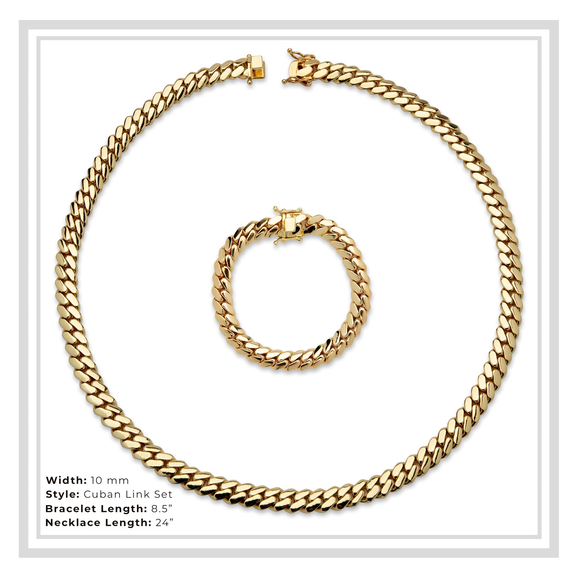Miami Cuban Link Chain Set Necklace and Bracelet 14K Gold Premium Plated 10-24mm Men Jewelry 24 inch 8.5 inch